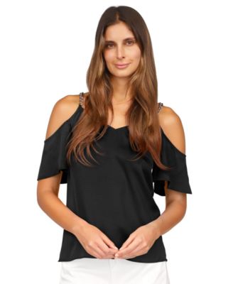 Michael Kors - V-Neck Cold-Shoulder Chain-Trim Top