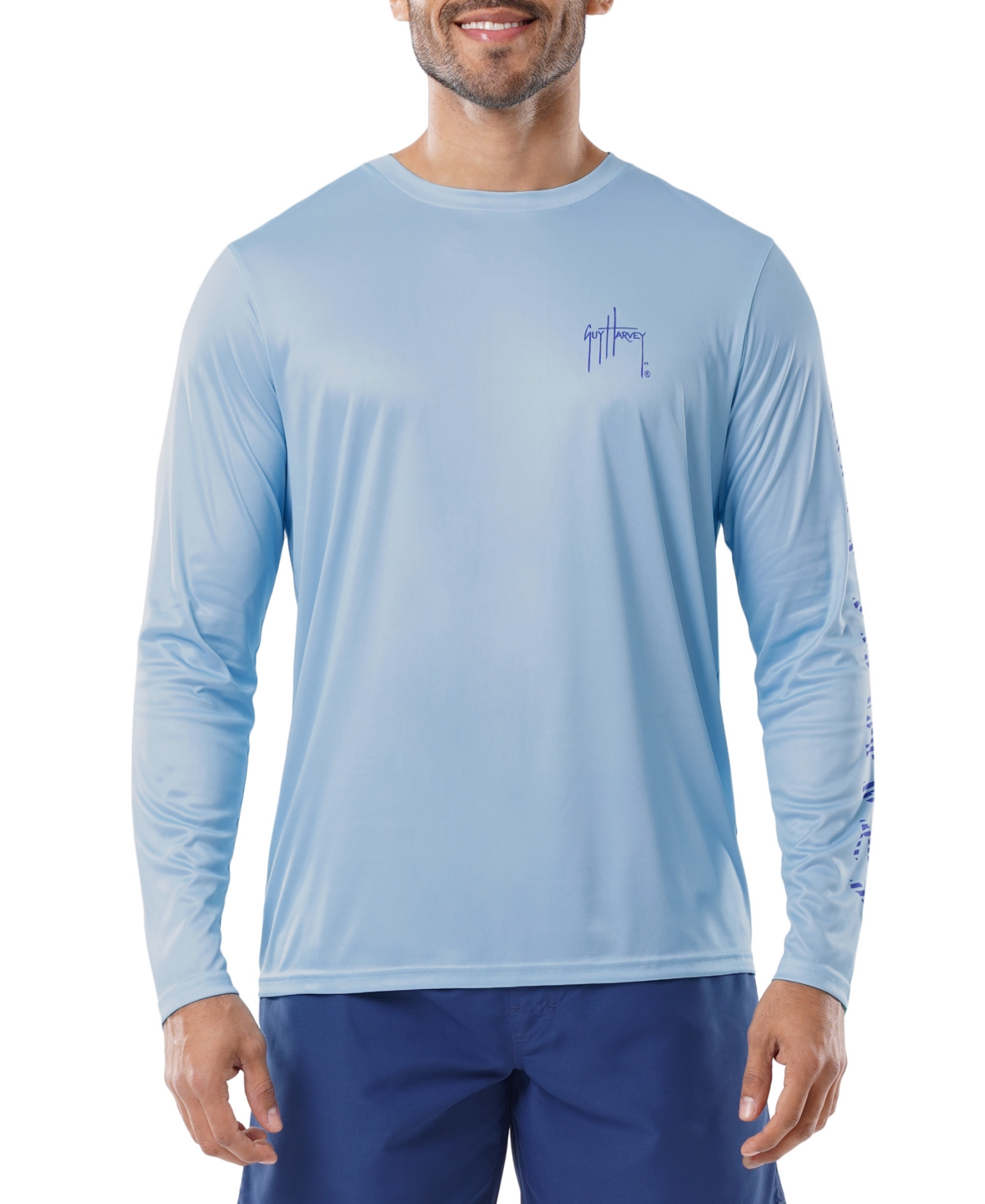 Shop Guy Harvey Men's American Classic Logo Graphic Long-sleeve Sun Protection T-shirt In Powder Blue
