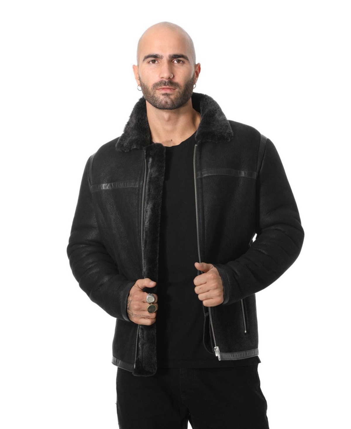 Men's Leather Banded Sheepskin Casual Jacket, Washed Black with Black Wool - Black