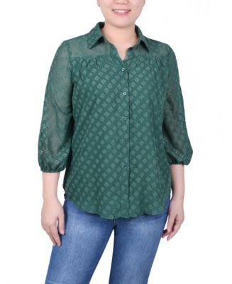 NY Collection Women's 3/4 Sleeve Foiled Jacquard Chiffon Blouse - Macy's