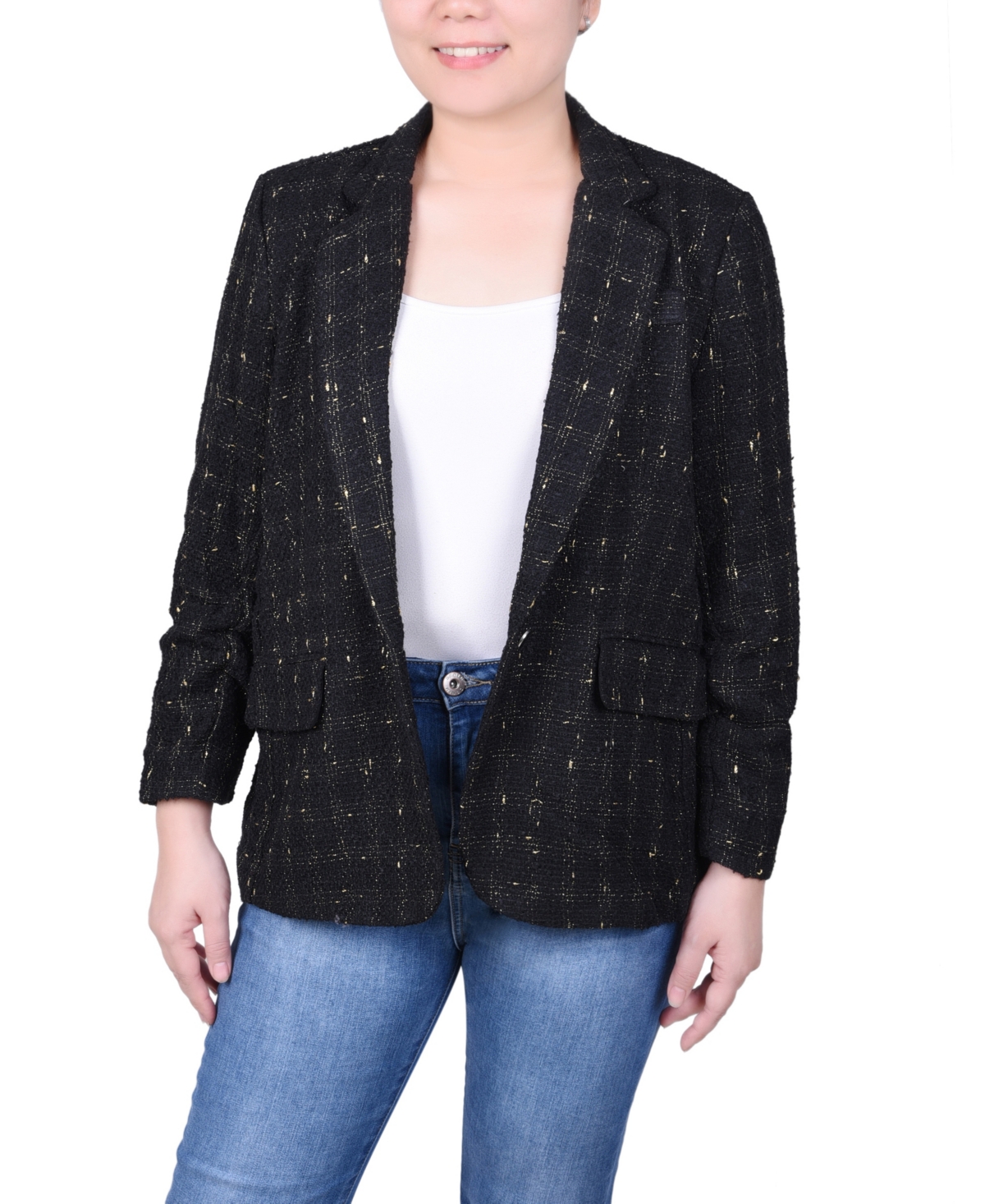 Petite Long Sleeve Single Button Tweed Blazer - Black Gold