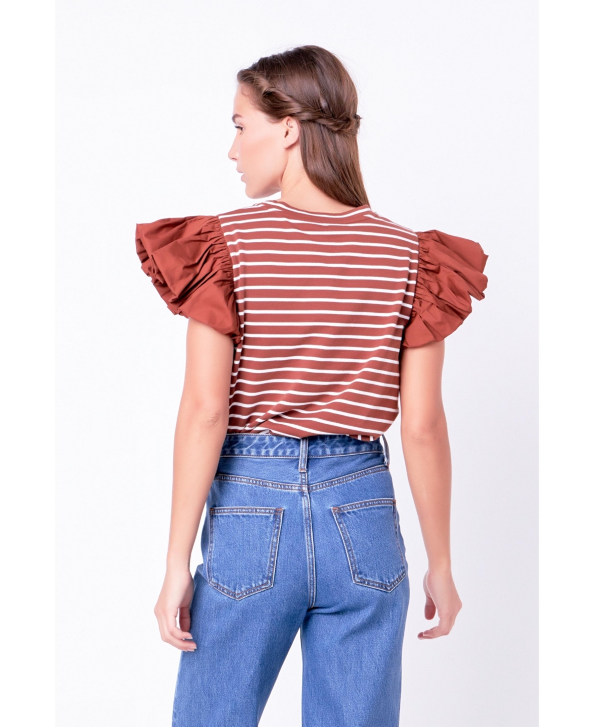 Women's Stripe Knit with Poplin Puff Sleeve Top -white