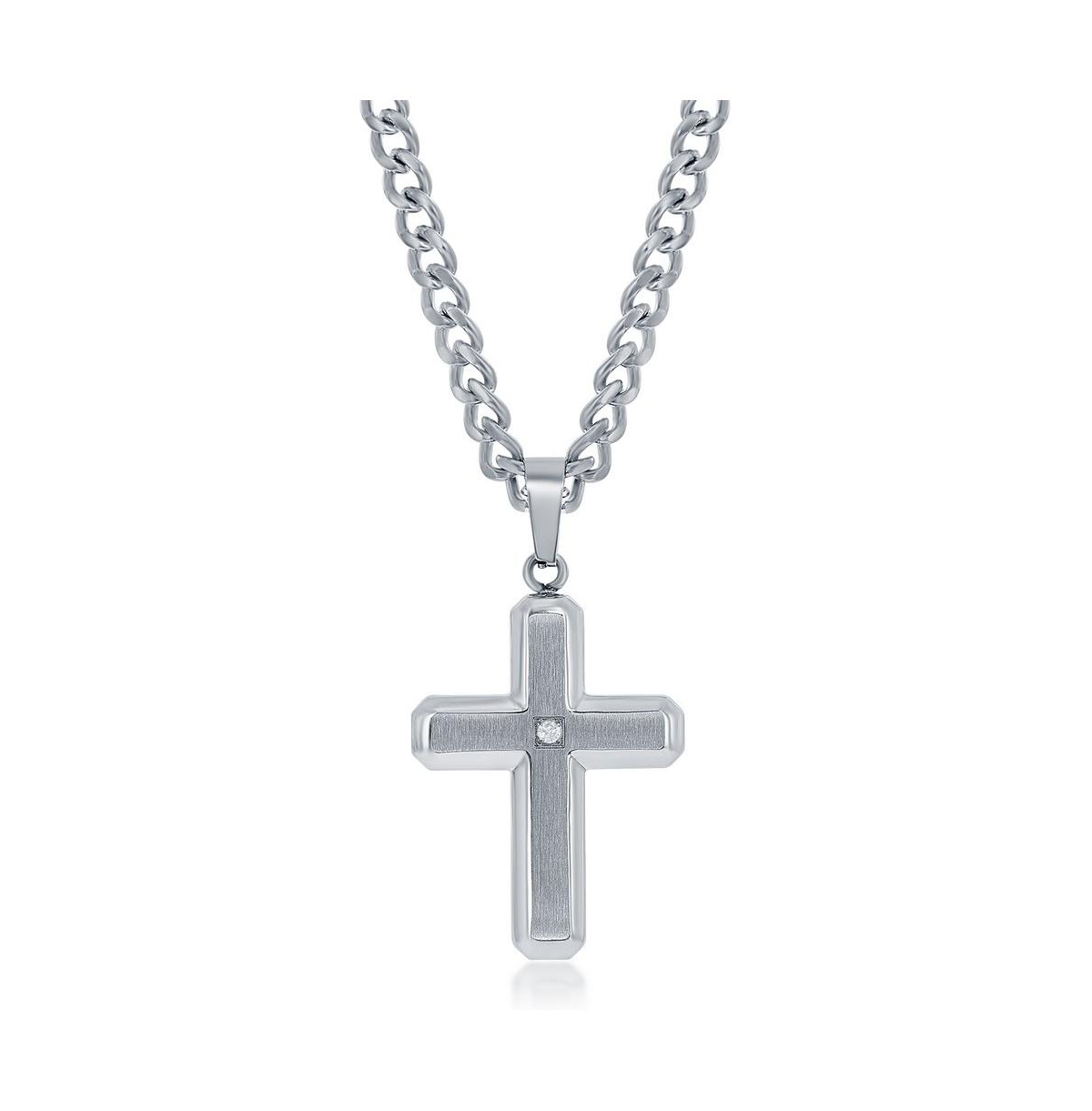 Stainless Steel Brushed & Polished w/ Single Cz Cross Necklace - Silver