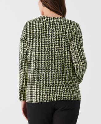Plus Size Houndstooth Print Asymmetric Neck Long Sleeve Top