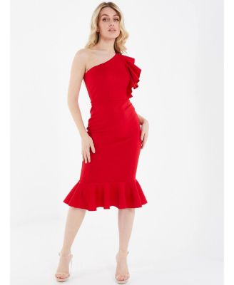 QUIZ - Juniors' One-Shoulder Ruffle-Trim Midi Dress