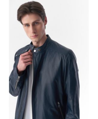 Мужская куртка на кнопках из натуральной кожи Furniq UK темно-синий 108290₽