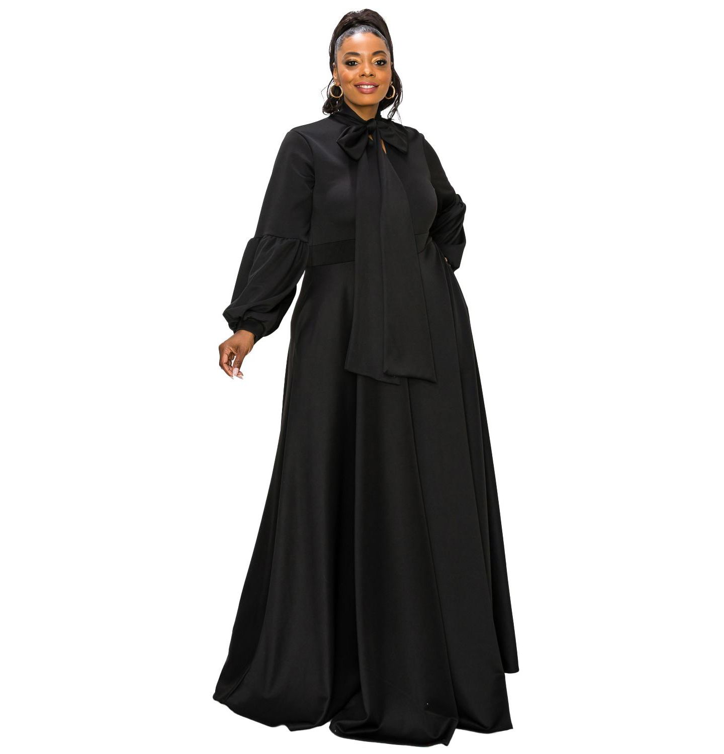 Женское платье L I V D Plus Size Bella Donna Dress with Ribbon and Bishop Sleeves, цвет: Чёрный — фото 1