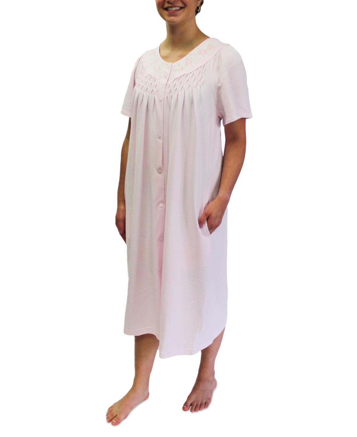 Shop Miss Elaine Plus Size Floral-trim Short-sleeve Short Robe In Pink