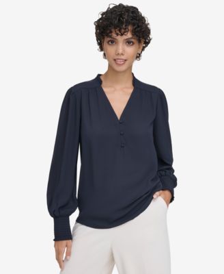 Calvin Klein - Women's V-Neck Smocked-Cuff Blouse