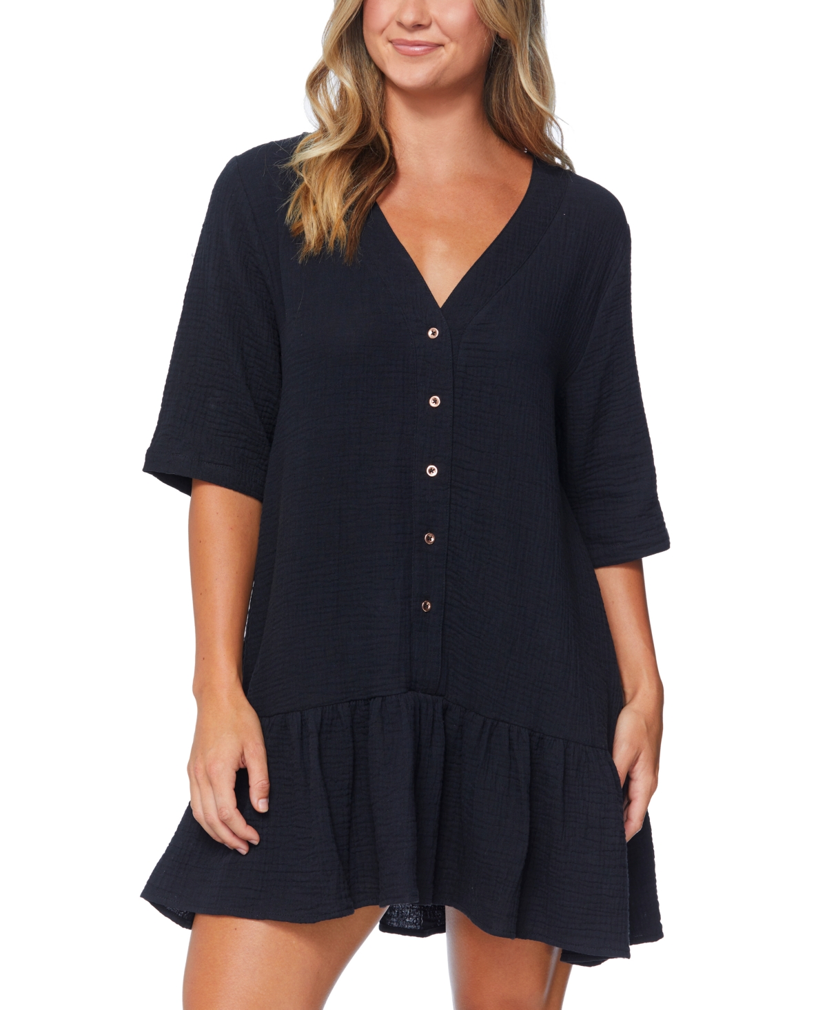 Shop Raisins Juniors' Sol Cotton Button-up Cover-up Dress In Black