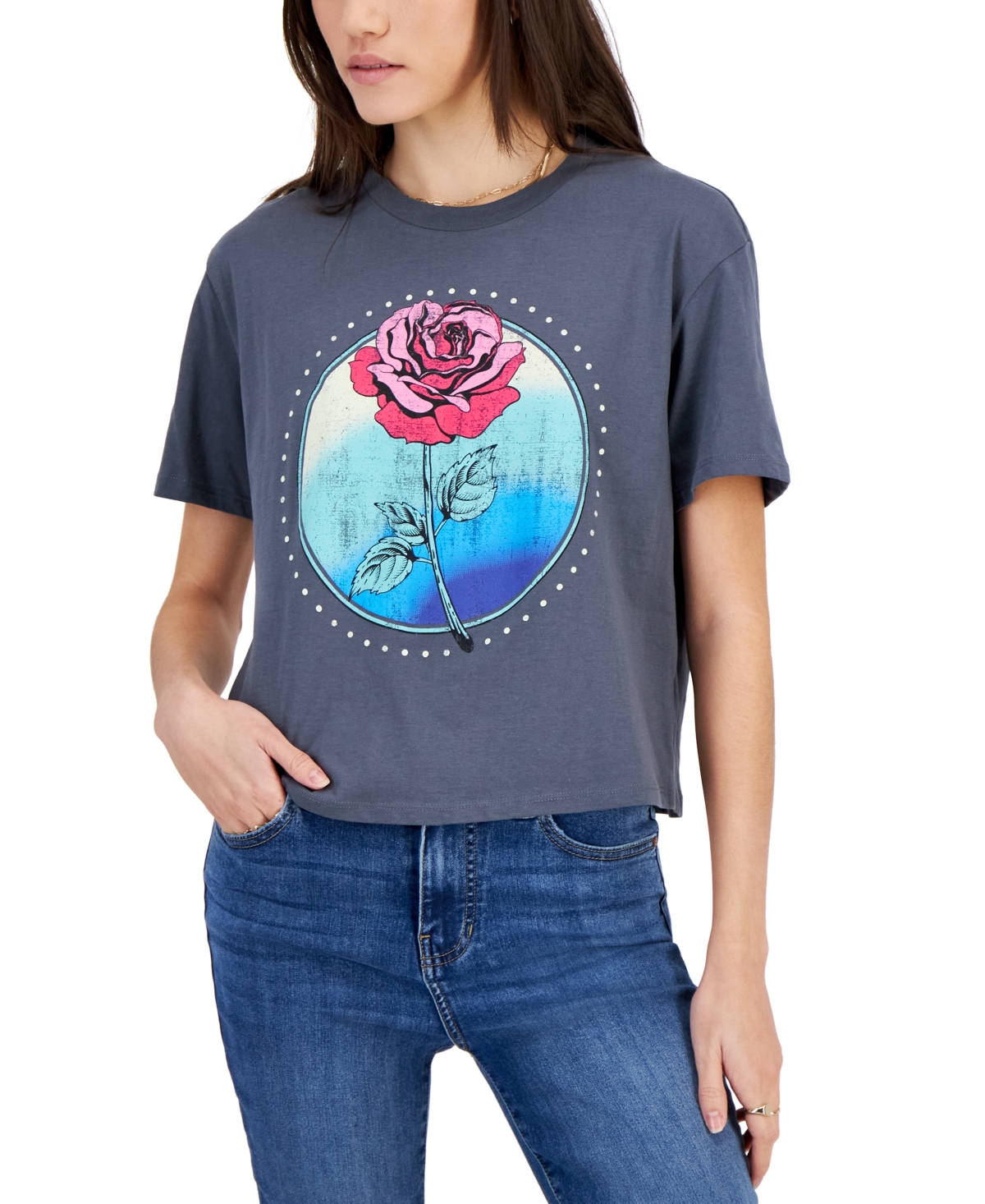 Rebellious One Juniors' Rose Crewneck Cropped Graphic T-shirt In Turbulence