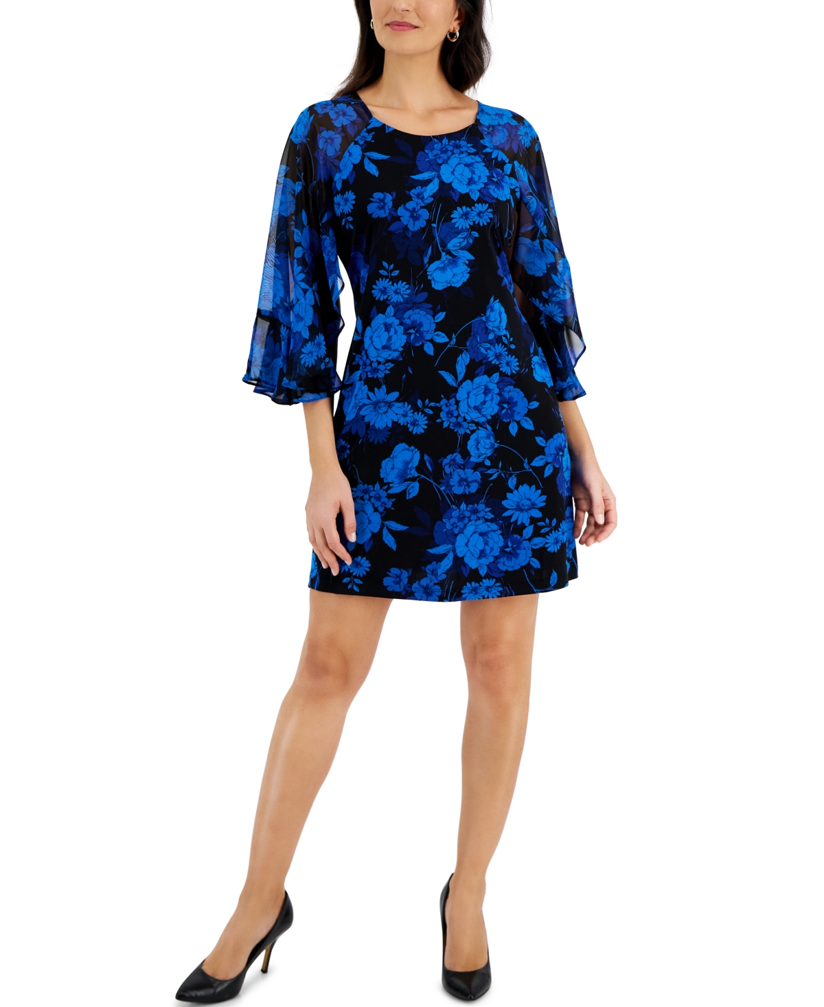 Connected Petite Chiffon Ruffle-sleeve Dress In Royal