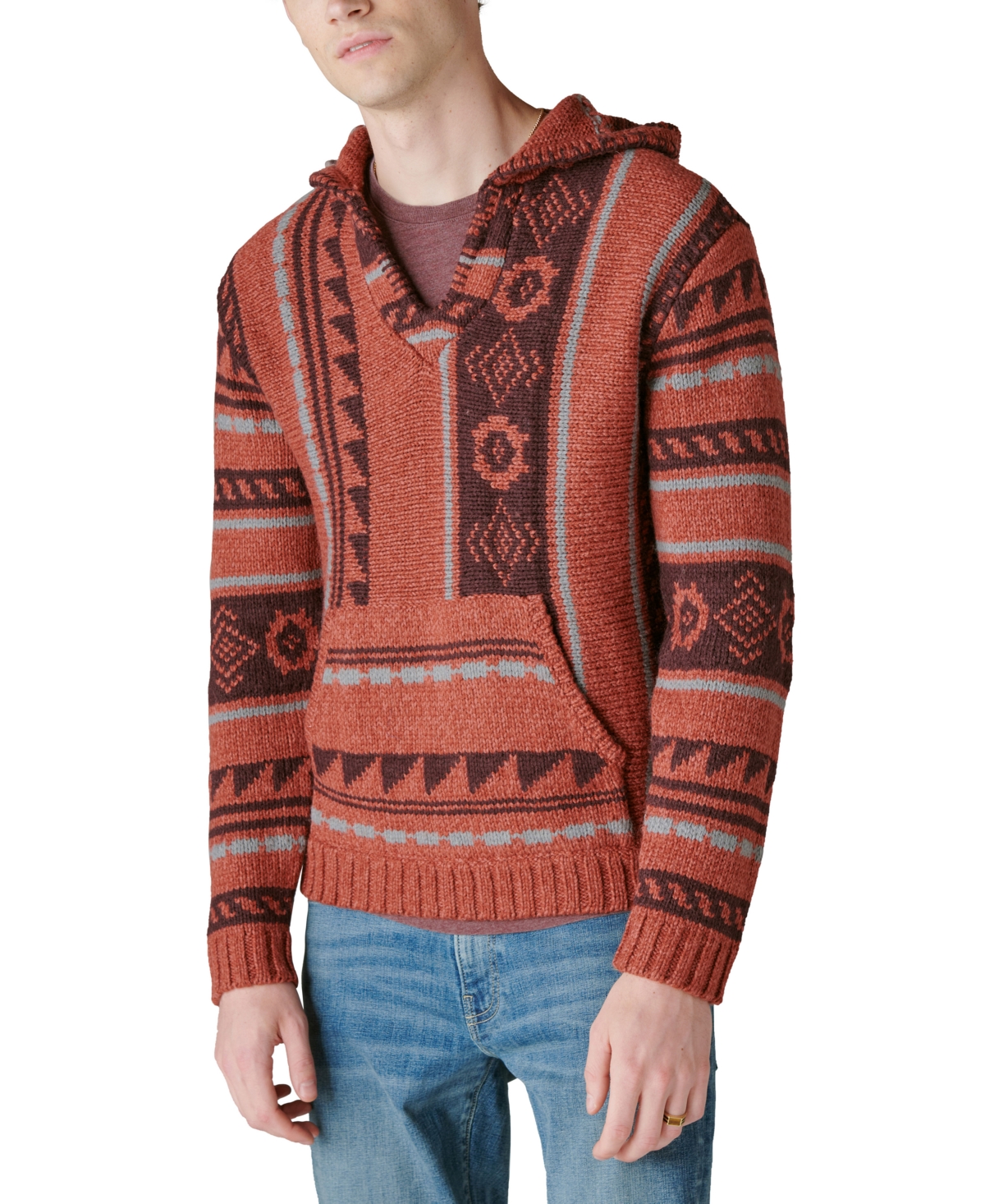 Shop Lucky Brand Men's Southwestern Print Hooded Baja Sweater In Apple Butter Combo