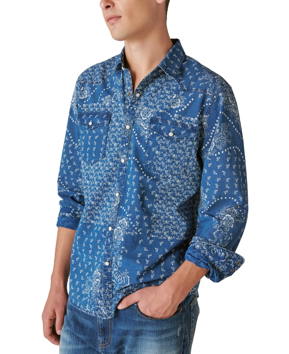 Men's Printed Western Long Sleeve Snap-Front Shirt - Indigo Bandana