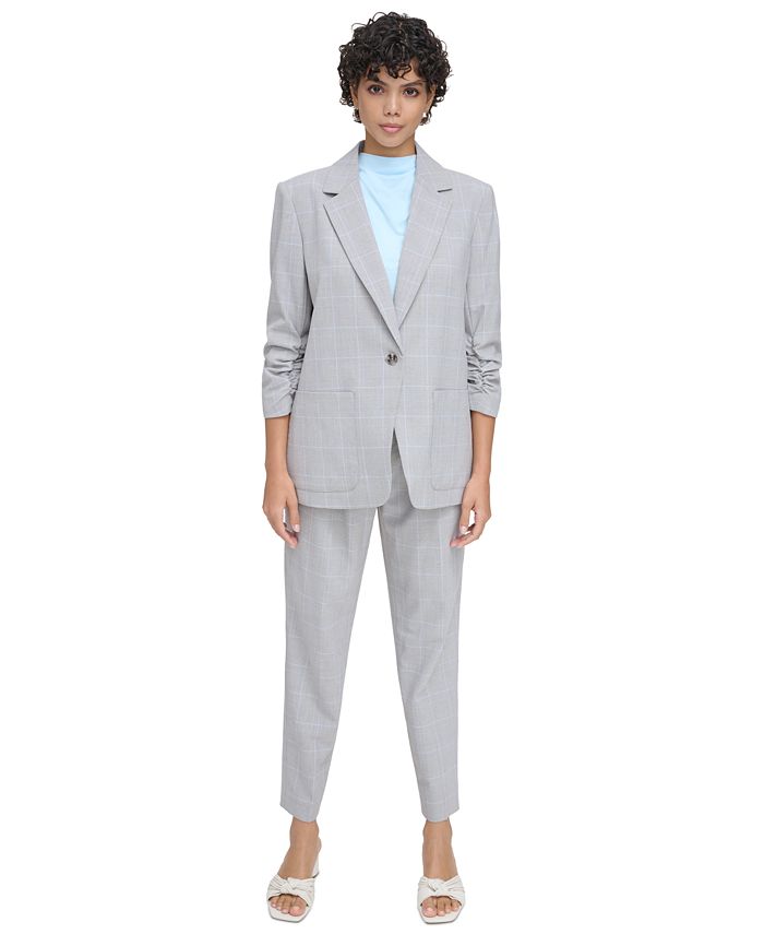 Calvin Klein Women's Plaid Ruched-Sleeve One-Button Blazer - Macy's