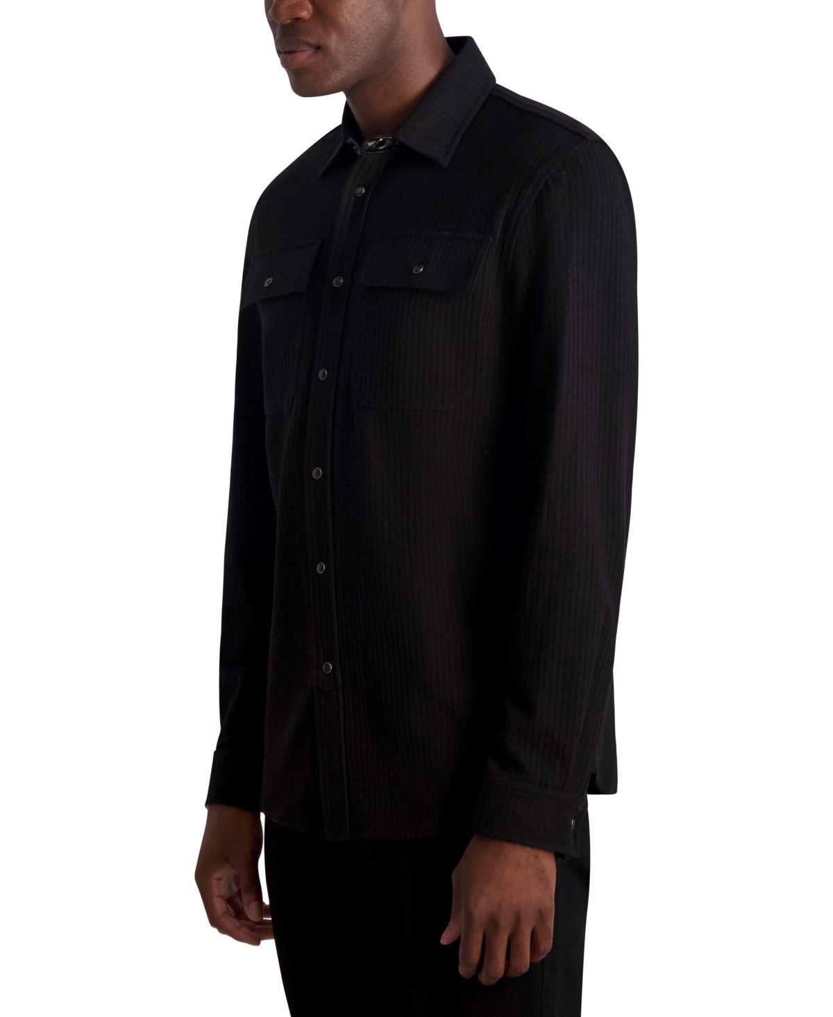 Karl Lagerfeld Men's Ribbed Long Sleeve Knit With Snap Buttons And Chest Pockets Shirt Jacket In Black