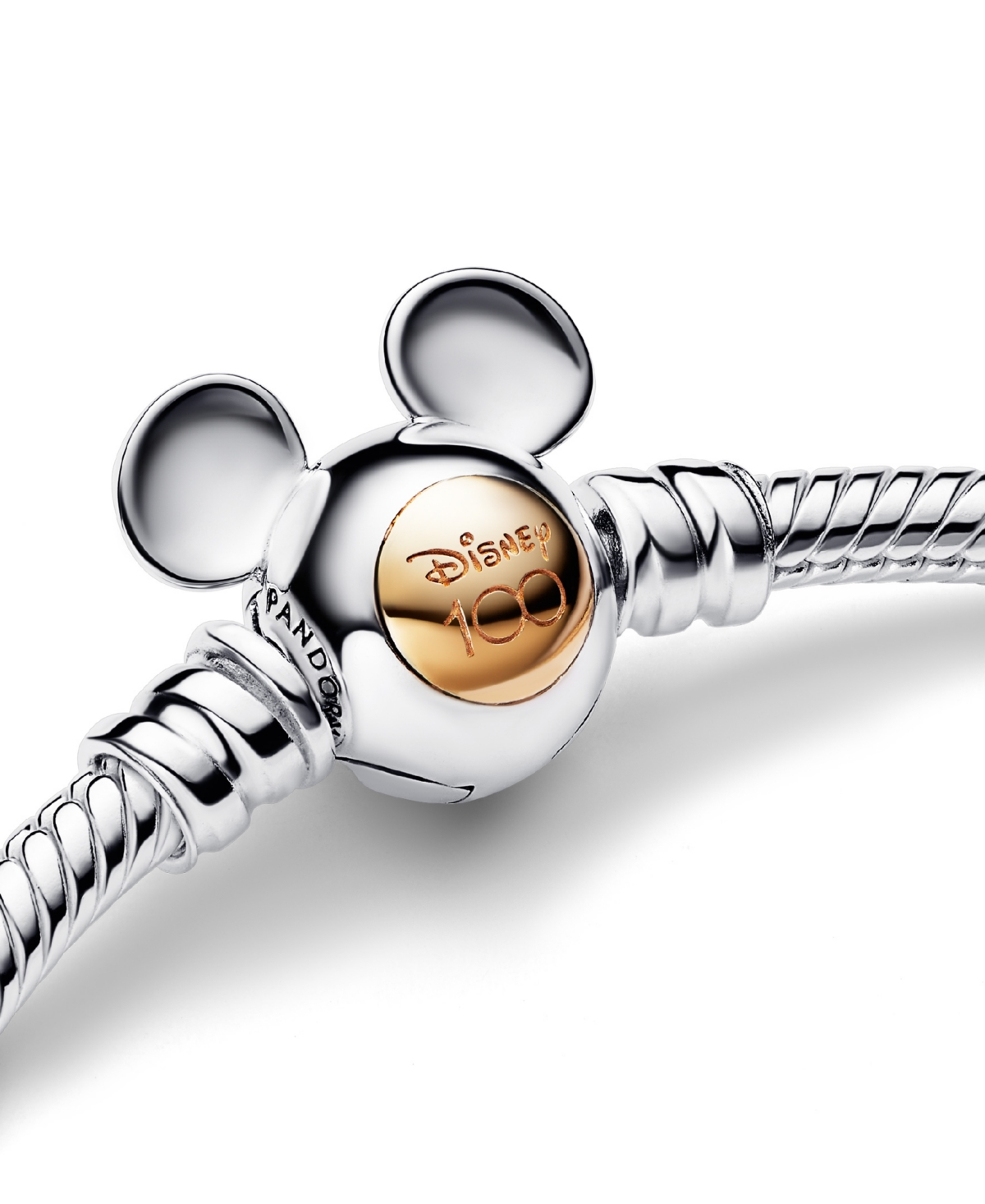 Shop Pandora Moments Sterling Silver And 14k Gold-plated Disney 100th Anniversary Snake Chain Bracelet In Mixed