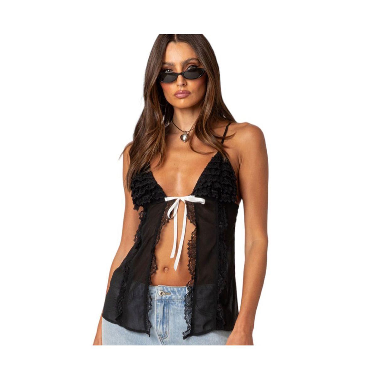 Edikted Linette Split Front Lace Trim Camisole In Black