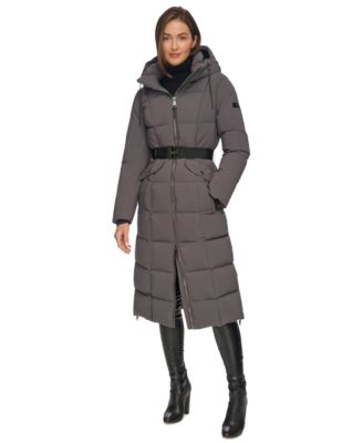 Women's Mixed-Media Belted Hooded Maxi Puffer Coat