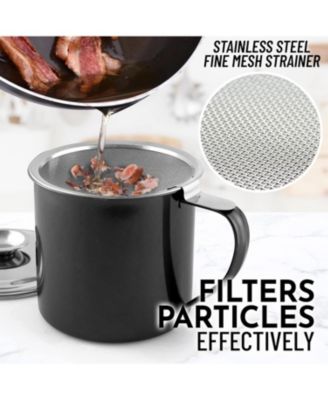 Stainless Steel Bacon Grease Container With Strainer, Lid & Handle