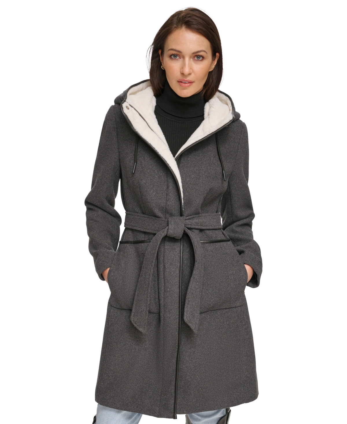 Dkny Women's Faux-fur Hooded Wool Blend Belted Coat In Medium Grey