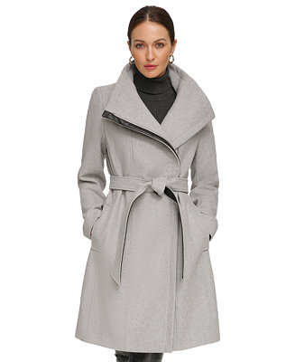 DKNY Women's Asymmetrical Belted Funnel-Neck Wool Blend Coat - Macy's