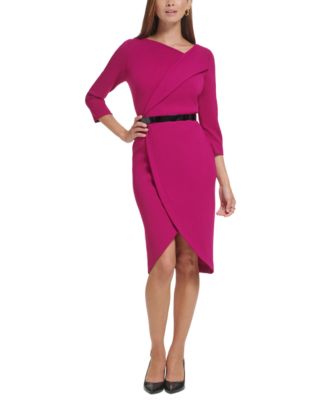 Calvin Klein Petite Belted 3 4 Sleeve Tulip Hem Dress Macy s