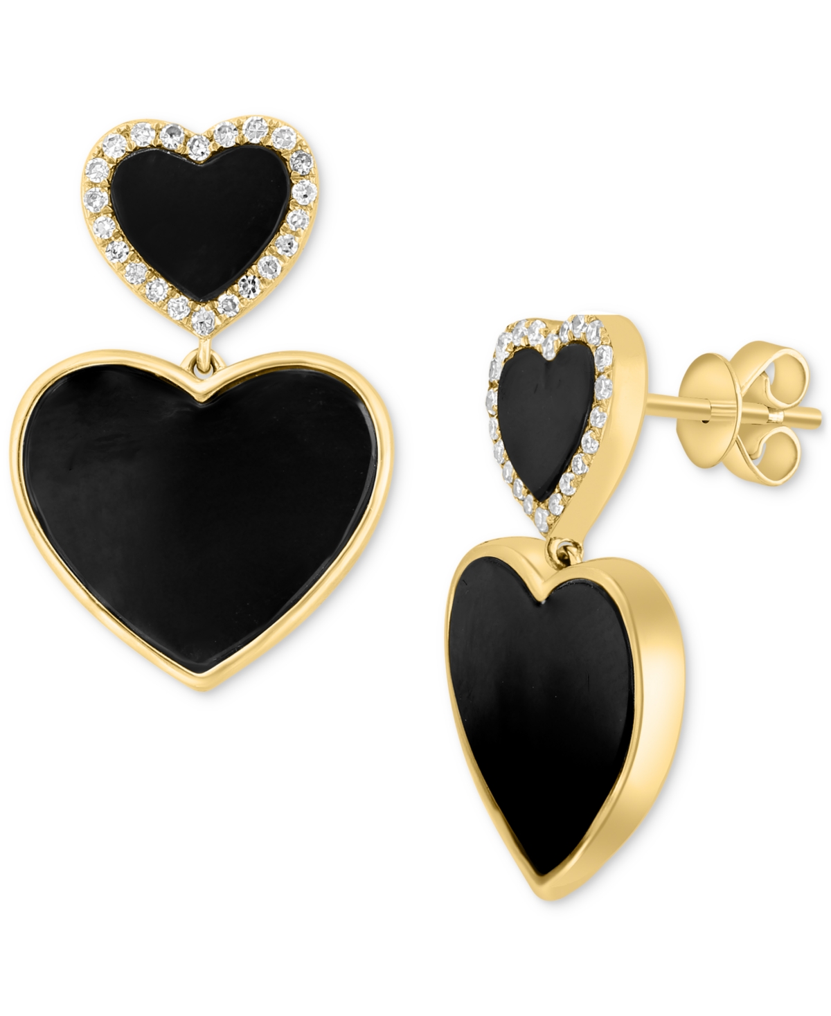 Effy Collection Effy Onyx & Diamond (1/5 Ct. T.w.) Double Heart Halo Drop Earrings In 14k Gold