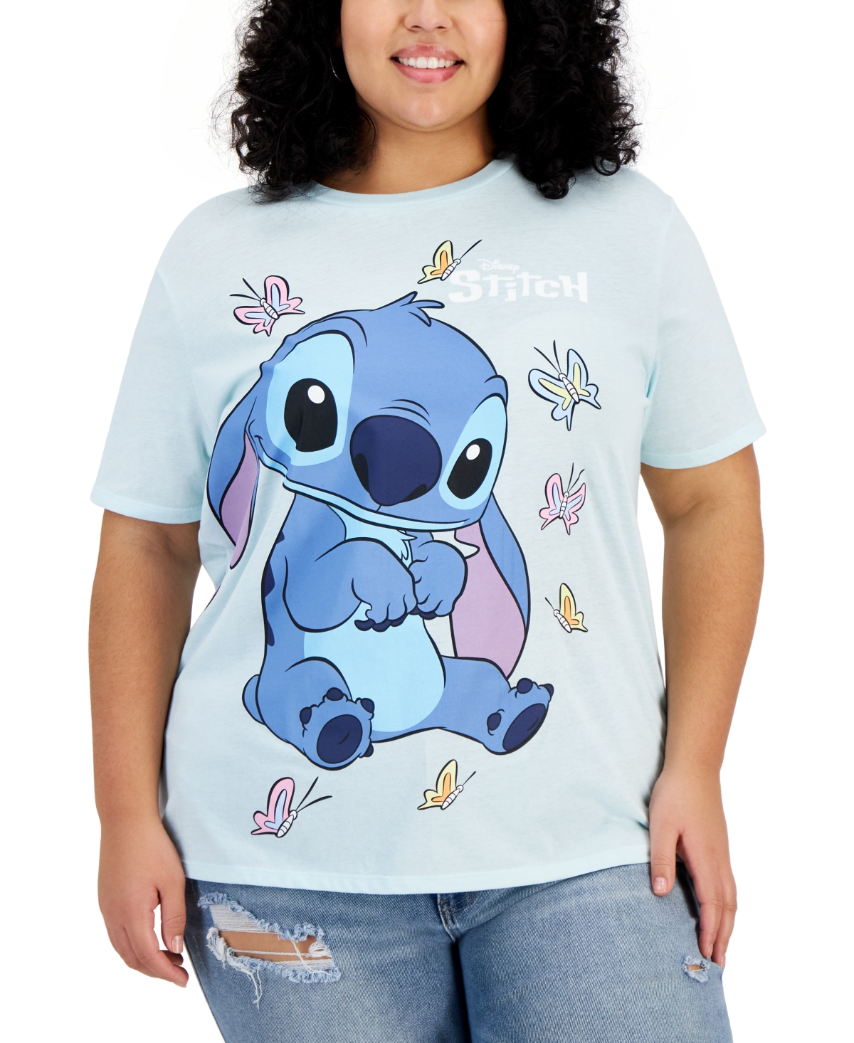 Disney Trendy Plus Size Stitch Butterfly T-shirt In Light Blue