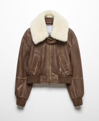 MANGO Women's Shearling Collar Leather Bomber Jacket