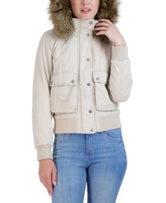 Juniors' Juniors' Cotton Faux Fur Trimmed Bomber Jacket