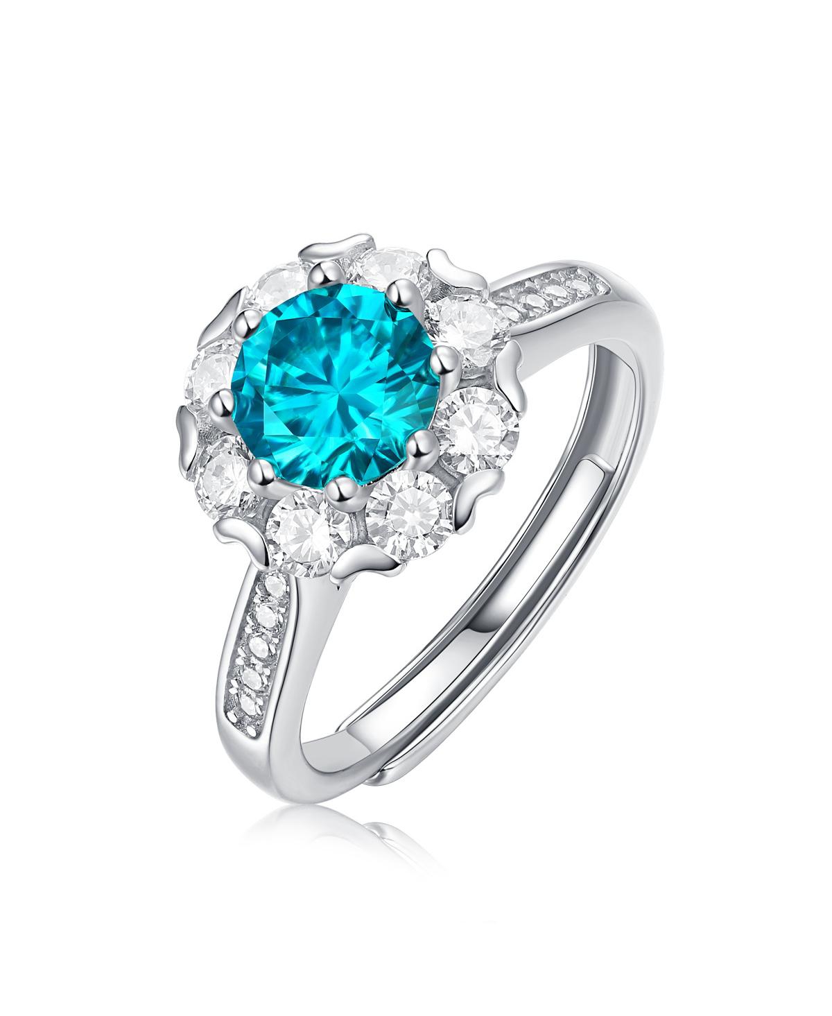 STELLA VALENTINO STERLING SILVER WHITE GOLD PLATED WITH 1.8CTW BLUE TOPAZ & LAB CREATED MOISSANITE HALO CLUSTER ADJUS