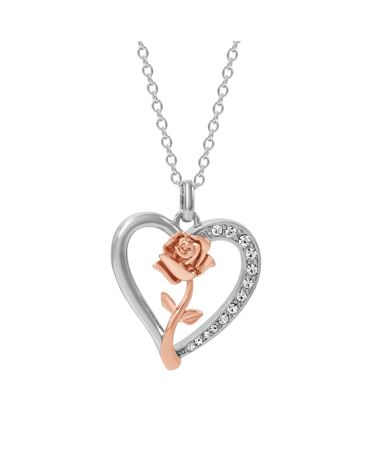 Princess Beauty and the Beast Two Tone Belle Rose Crystal Heart Pendant, 18" - Silver tone, pink