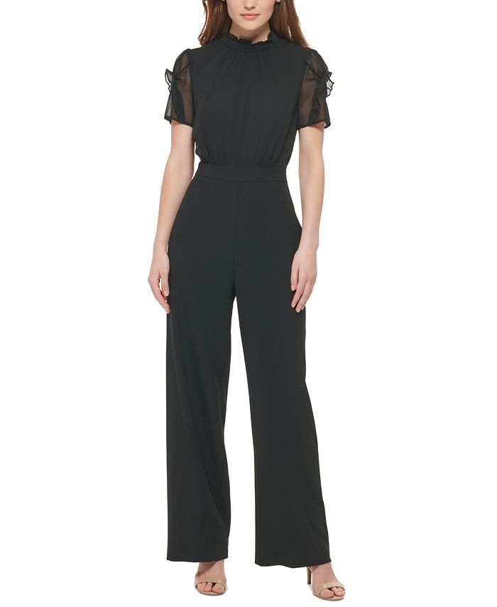 Vince Camuto Women's Ruffled Mixed-Media Jumpsuit - Macy's