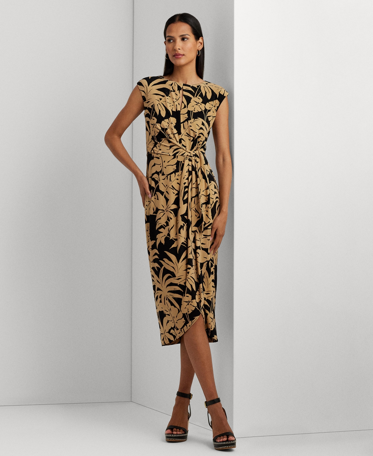 Lauren Ralph Lauren Women's Palm Frond-print Jersey Tie-front Dress In Tan,black