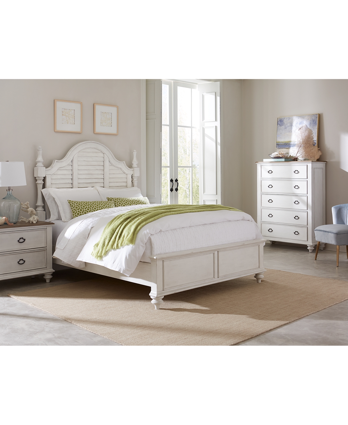 Macy's Mandeville 3pc Bedroom Set (louvered California King Storage Bed + Louvered Dresser + 2-drawer Night In White