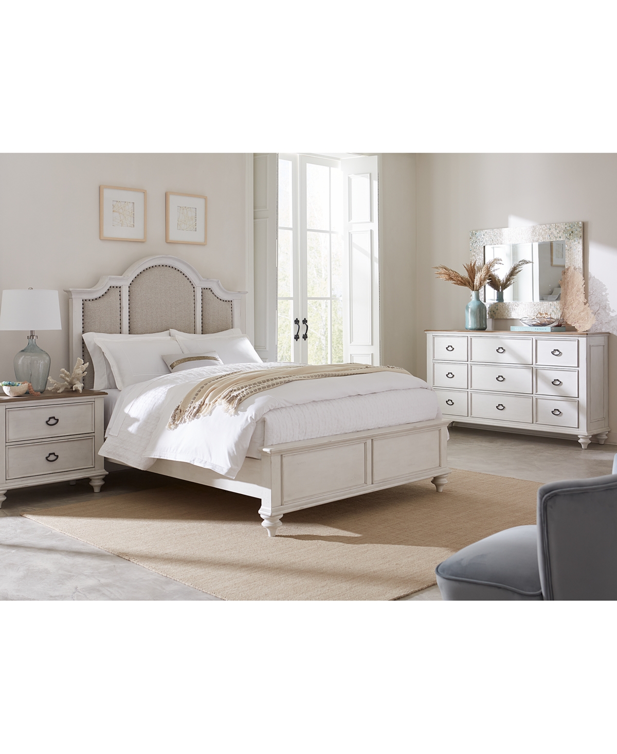 Shop Macy's Mandeville 3pc Bedroom Set (upholstered California King Bed + Dresser + 2-drawer Nightstand) In White