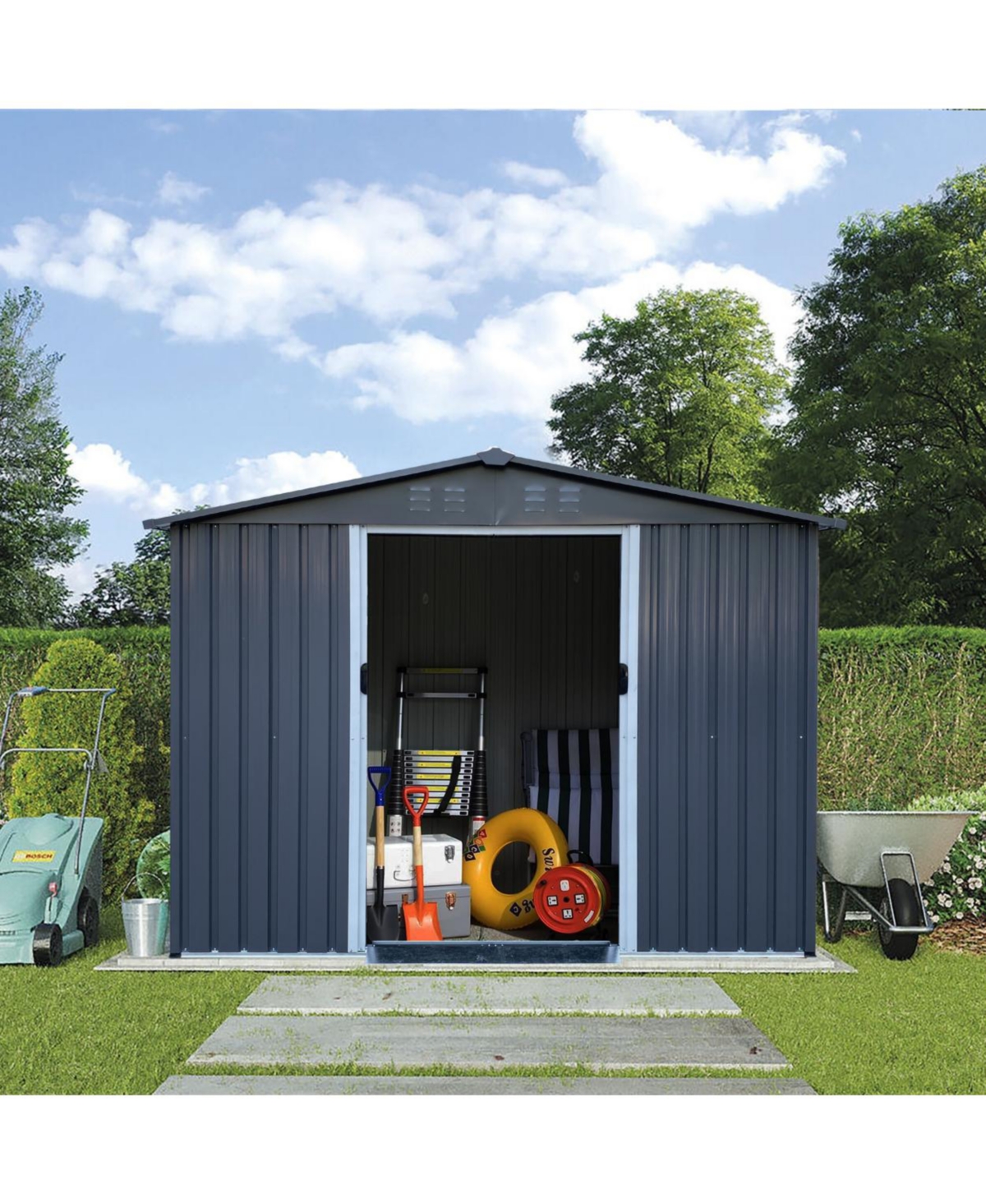 Outdoor Storage Shed 8 X 6 Ft Large Metal Tool Sheds, Heavy Duty Storage House Sliding Doors - Grey