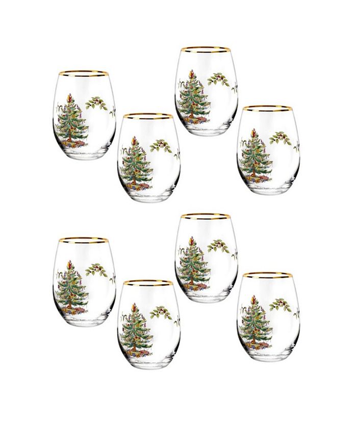 Set Of 4-Spode Christmas Tree 19 oz Stemless Wine Glasses NEW! No Box