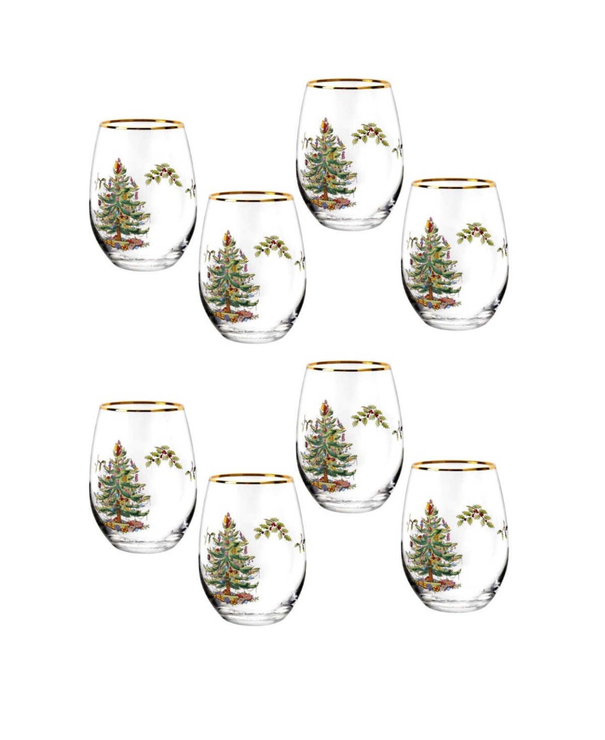 Christmas Tree Stemless Wine Glasses, Set of 8 - Green
