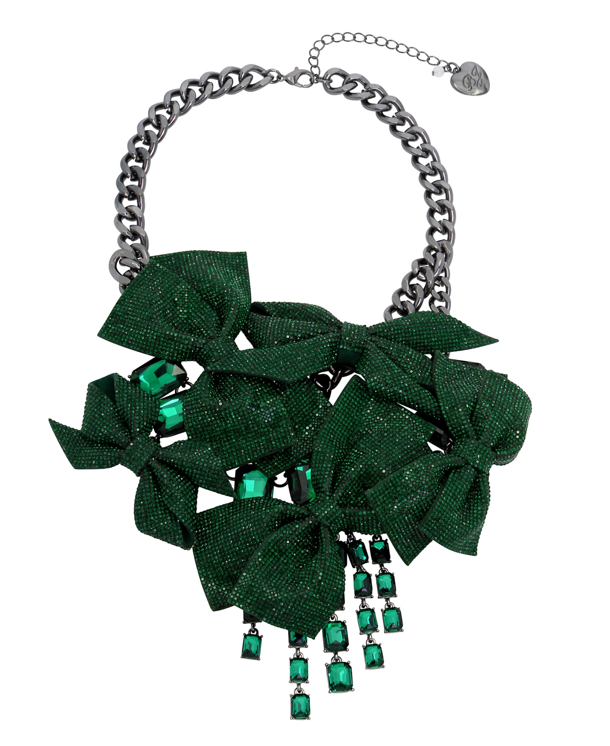 Faux Stone Pave Bow Bib Necklace - Emerald, Hematite