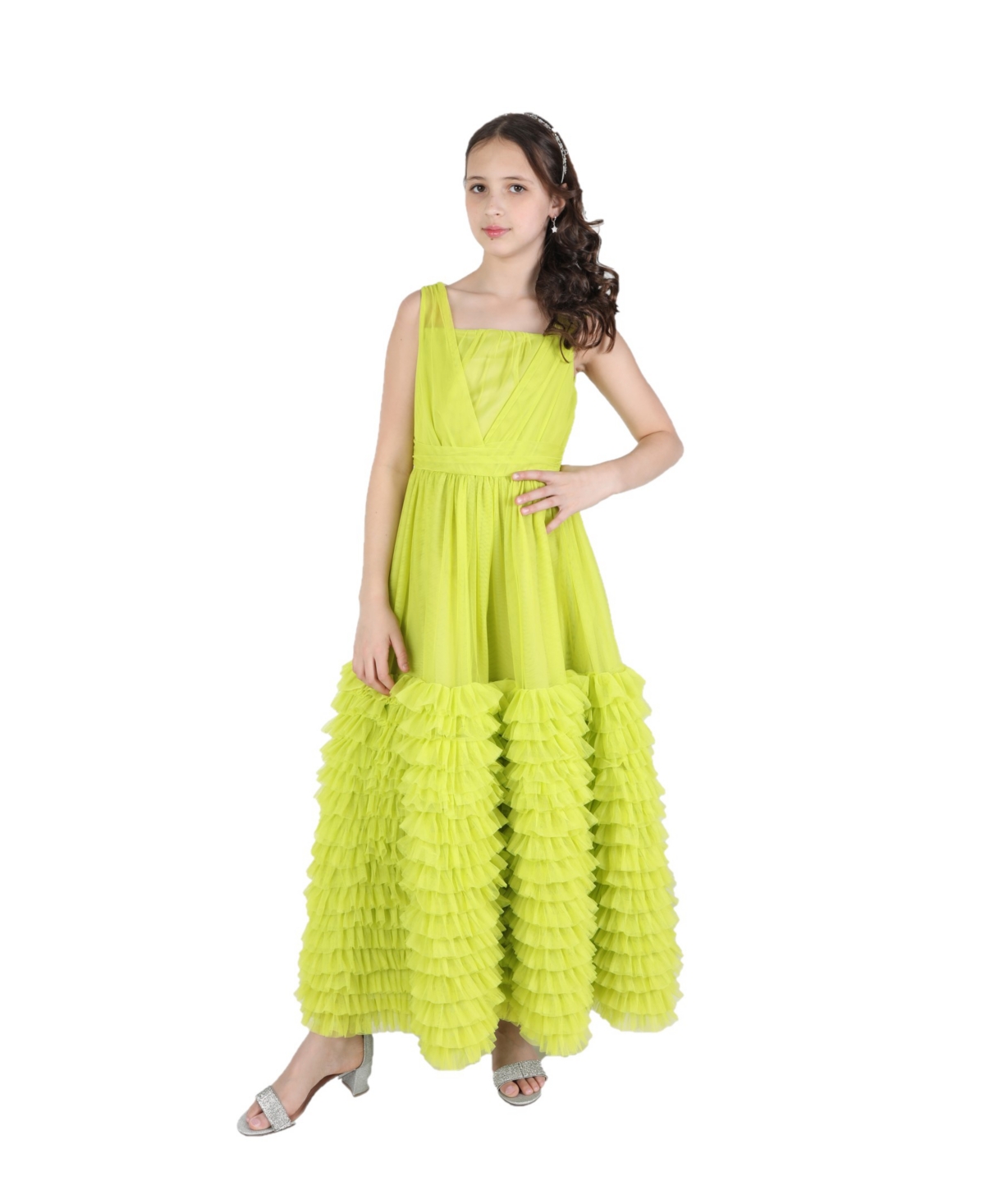 Shop Christian Siriano Big Girls Pleated And Tiered Maxi Gown In Lime