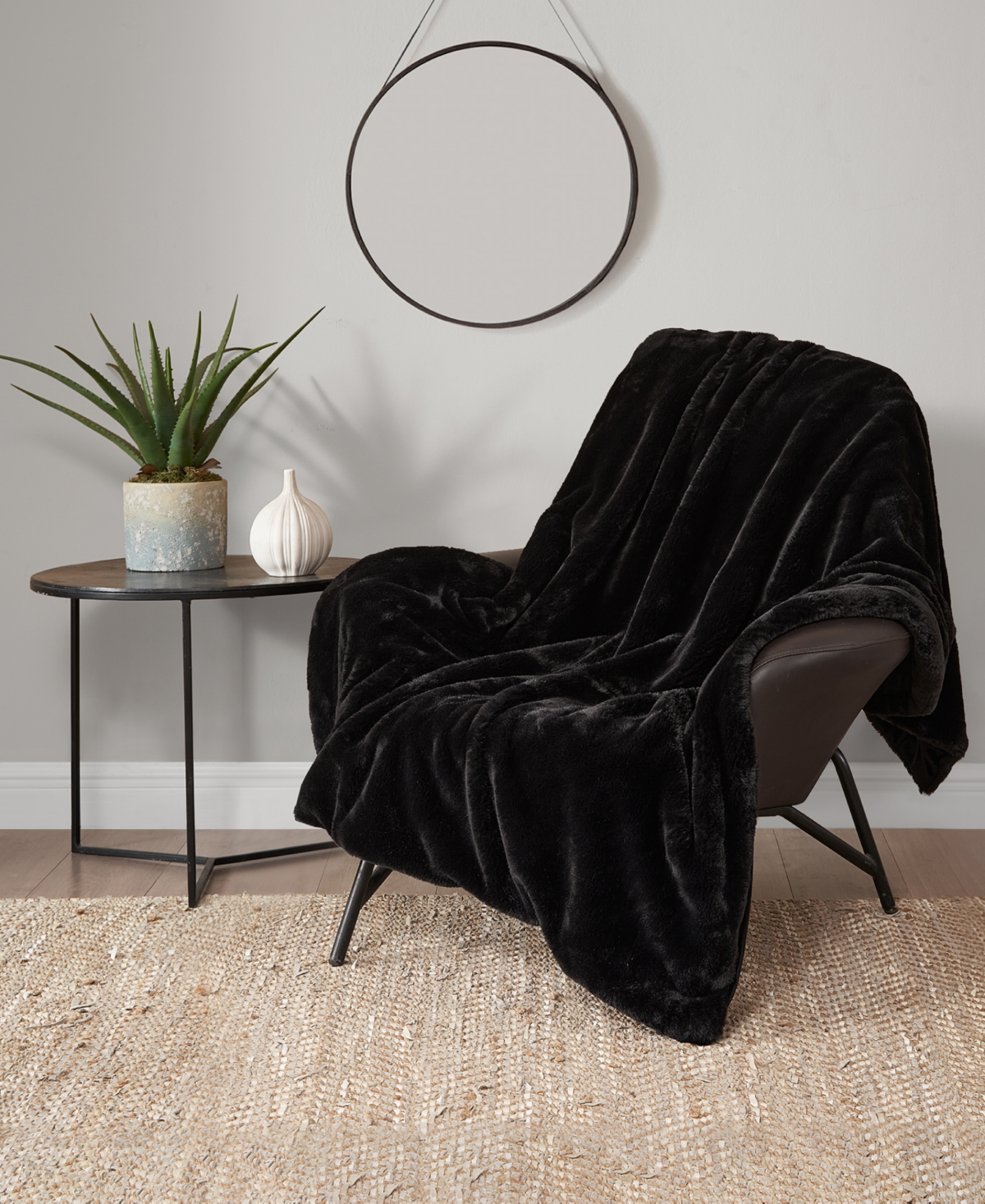 Lucky Brand Solid Mink Faux Fur Throw Blanket, 50" X 70" In Black