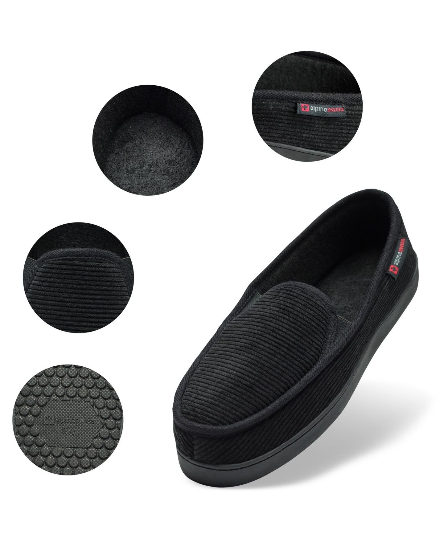 Мужские тапочки Alpine Swiss Wide Slippers Steve Moccasin House Shoes Memory Foam Insole Corduroy Slip-On Terry Lining Indoor Outdoor Non-Slip Rubber Outsole, цвет: Чёрный — фото 34