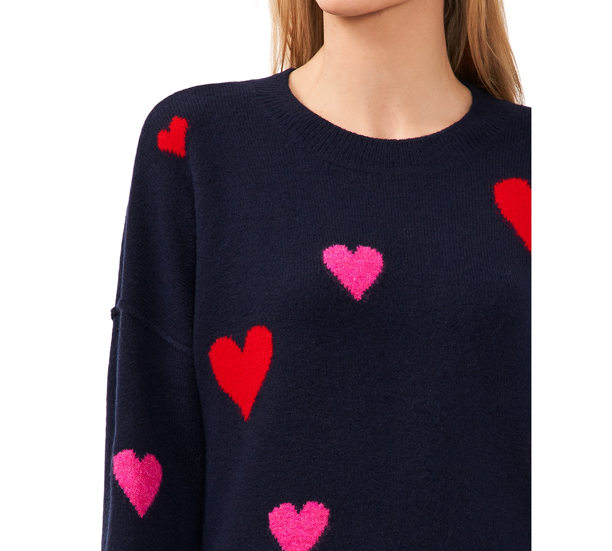 CeCe Women's Heart-Print Crewneck Long-Sleeve Sweater