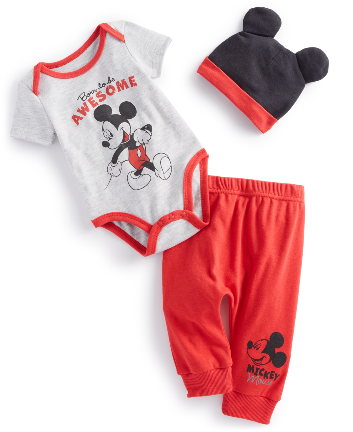 Disney Baby Boys Mickey Mouse Awesome Hat, Bodysuit And Pants, 3 Piece Set In Grey