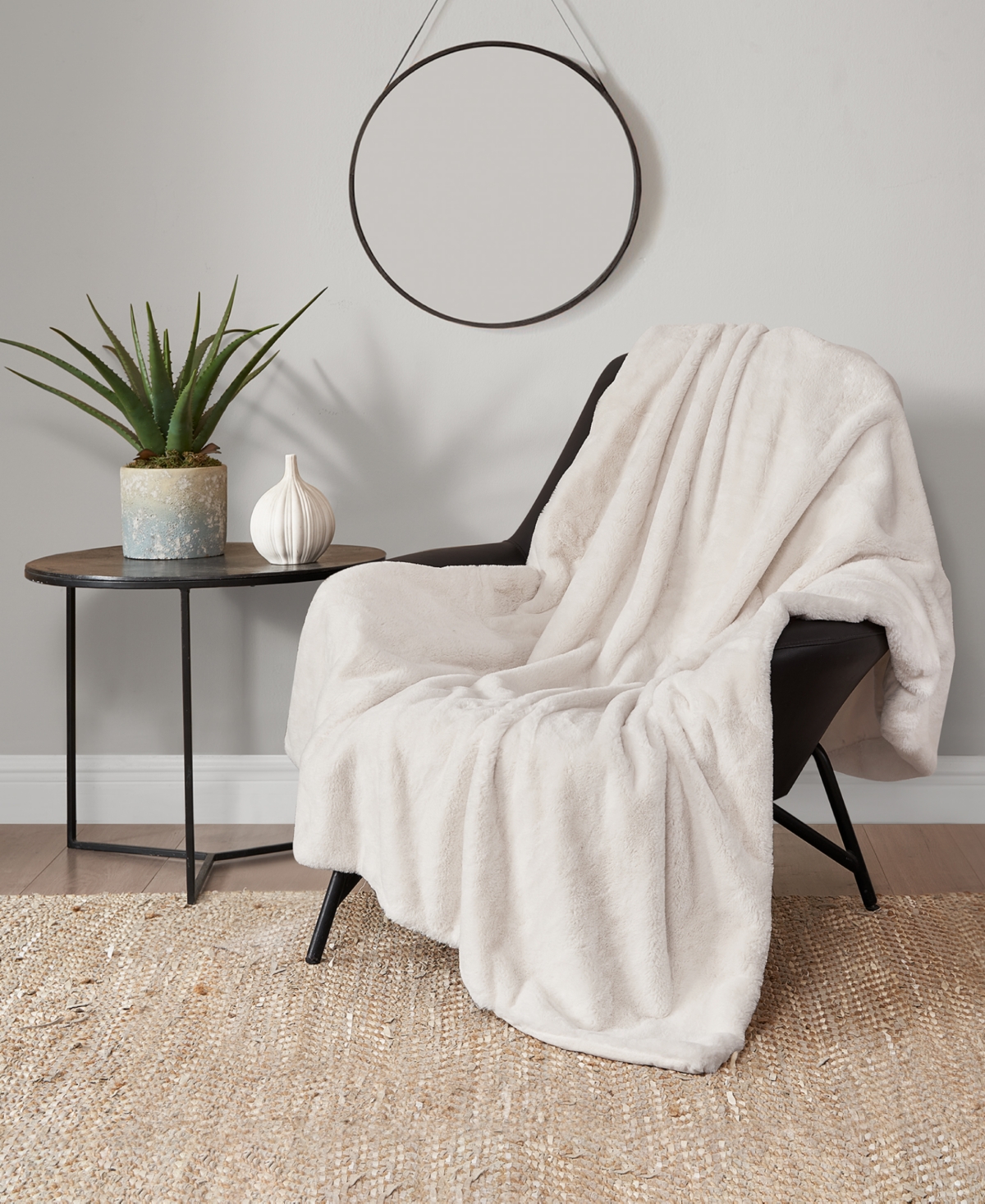 Lucky Brand Solid Mink Faux Fur Throw Blanket, 50" X 70" In Ivory