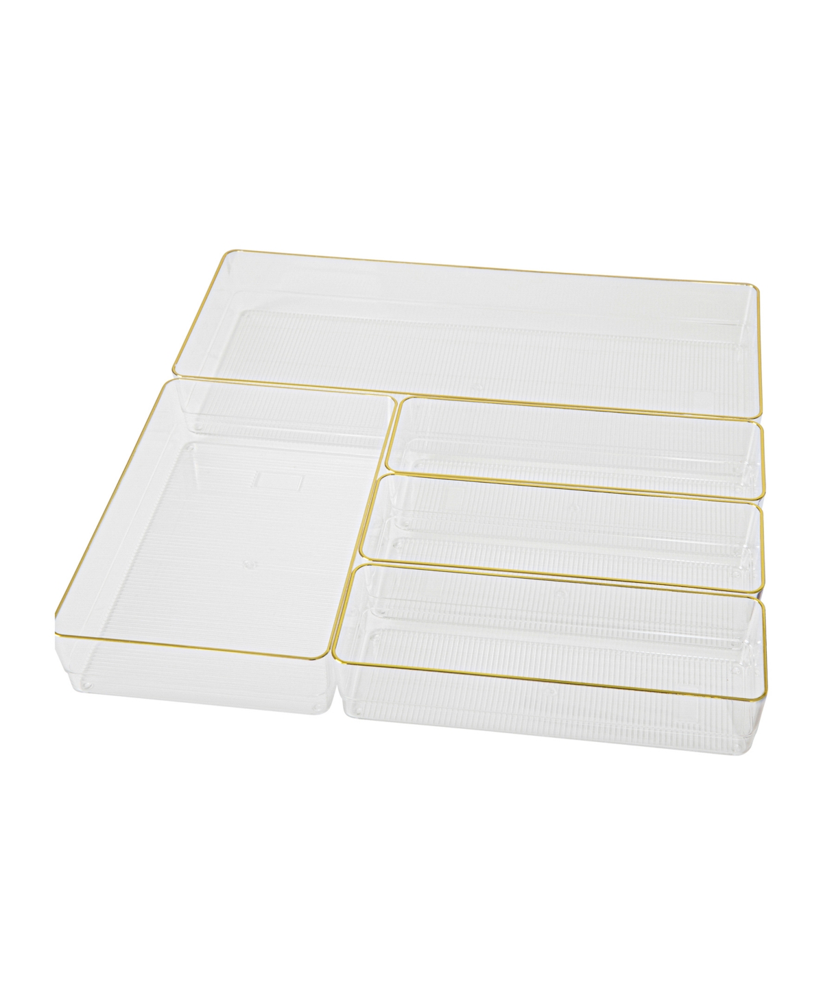 Martha Stewart Kerry Plastic Stackable Office Desk Drawer Organizers, Various Sizes, 5 Compartments In Clear,gold Trim