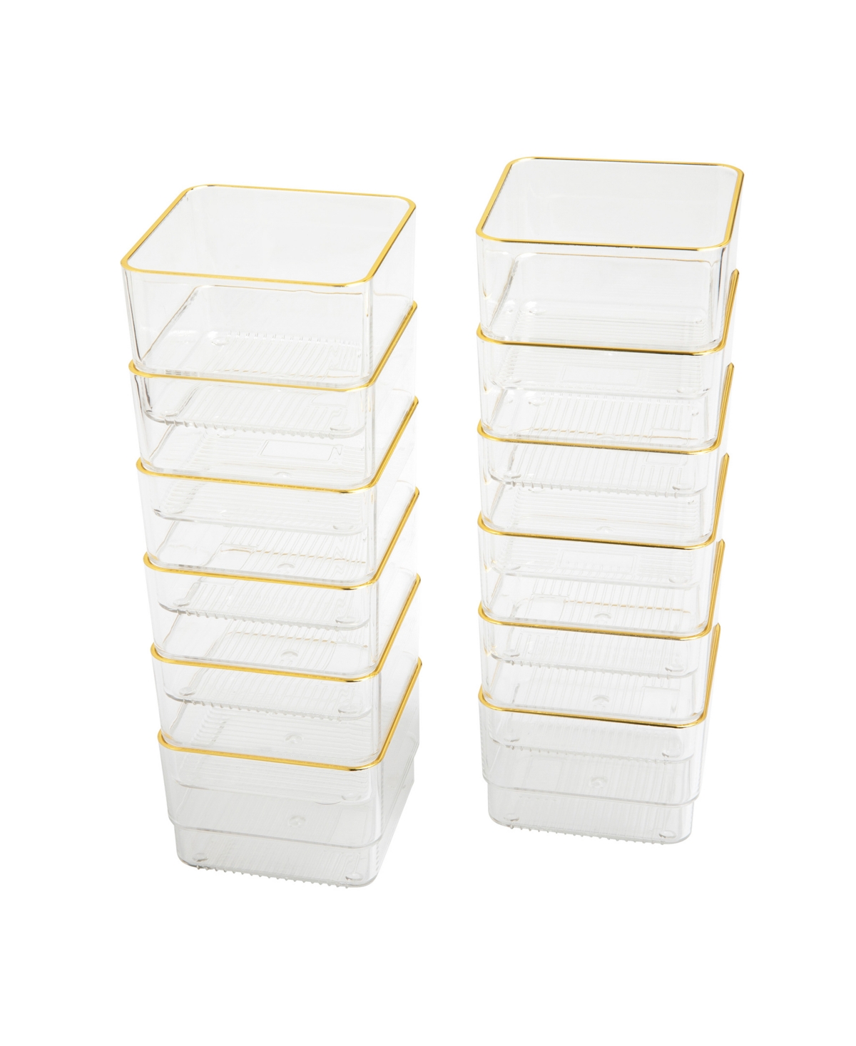 Kerry 12 Piece Plastic Stackable Office Desk Drawer Organizers Set, 3" x 3" - Clear, Gold Trim