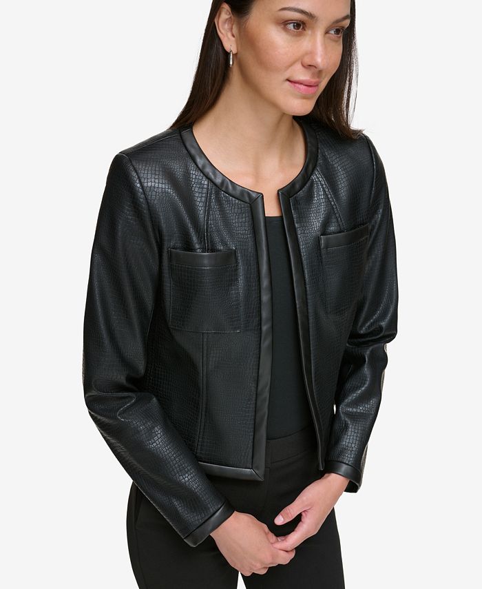 DKNY Petite Embossed Faux-Leather Collarless Jacket - Macy's